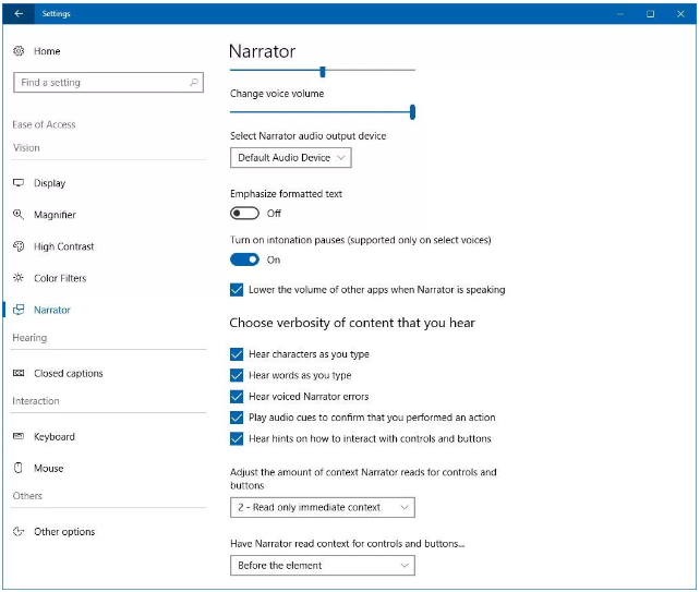 Narrator settings on Windows 10 version 1803