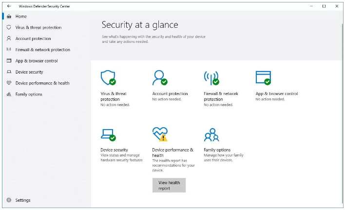 Home page for Windows Defender Security Center
