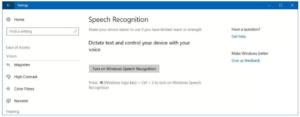 Speech Recognition settings on Windows 10